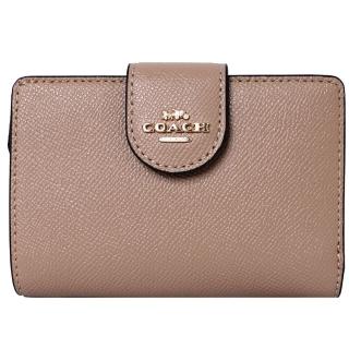 【COACH】立體馬車LOGO防刮皮革釦式拉鍊中夾(奶茶色)