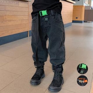 【橘魔法】造型腰帶刺繡字母牛仔棉絨縮口長褲(大童 褲子 縮口褲 長褲 牛仔褲 男童 童裝)