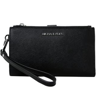 【Michael Kors】JET SET TRAVEL銀字LOGO防刮皮革雙層手拿長夾(黑)