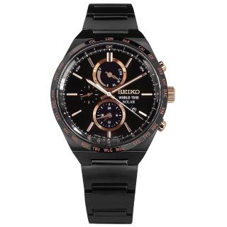 【SEIKO 精工】太陽能 三眼計時 藍寶石水晶玻璃 日期 防水 不鏽鋼手錶 鍍黑 41mm(V195-0AE0K.SBPJ039J)