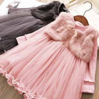【橘魔法】氣質蕾絲綁帶毛絨背心紗裙洋裝(連衣裙 長袖洋裝 連身裙 連身洋裝 紗裙 喜酒 女童)