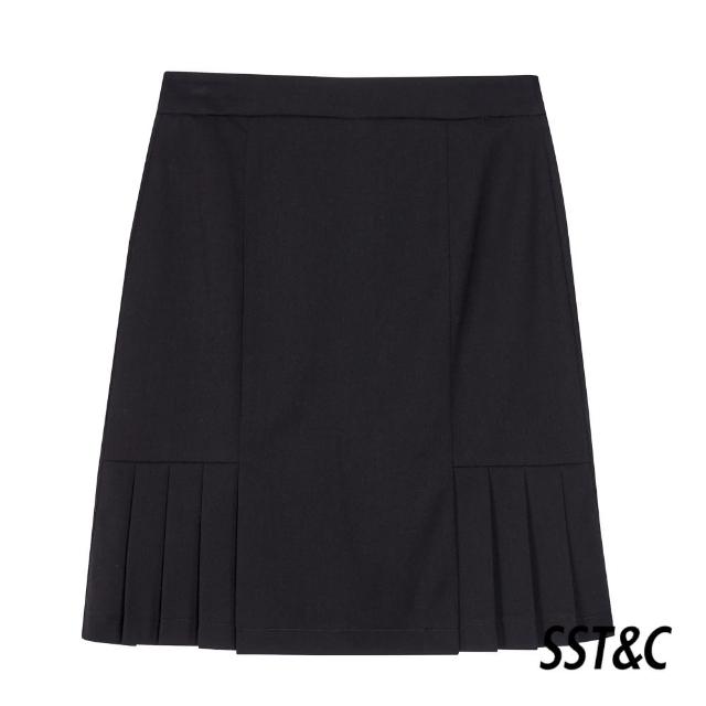 【SST&C 季中折扣】羊毛混紡黑色壓褶西裝裙7462112005