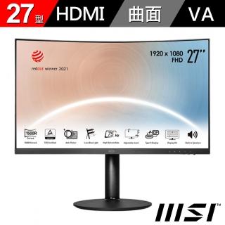 【MSI 微星】27型 VA 1500R曲面螢幕 FHD 支援HDMI/Type-C 內建喇叭(Modern MD271CP)