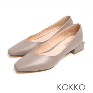 【KOKKO 集團】經典手工簡約方頭柔軟羊皮金屬粗跟鞋(灰色)