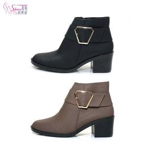 【ShoesClub 鞋鞋俱樂部】六角金屬扣粗高跟短靴
