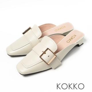 【KOKKO 集團】優雅方頭全真皮小貓跟穆勒拖鞋(素白色)