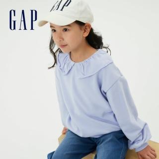 【GAP】女童 碳素軟磨 法式圈織系列 可愛荷葉邊娃娃領休閒上衣(808873-淺藍色)