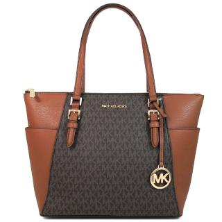 【Michael Kors】金字LOGO滿版拼接皮革肩背托特包(咖駝色)