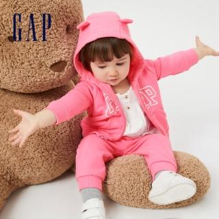 【GAP】嬰兒 碳素軟磨 法式圈織系列 Logo布萊納熊耳連帽休閒外套(819745-粉色)