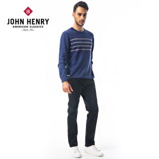 【JOHN HENRY】刺繡logo條紋長袖毛衣-藍色