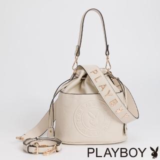 【PLAYBOY】抽繩水桶包附長短背帶 Circle系列(米白色)