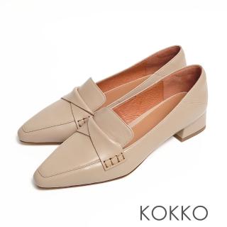 【KOKKO 集團】經典手工方頭柔軟真皮可後踩粗跟樂福鞋(駝灰)