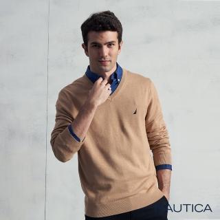 【NAUTICA】男裝 質感修身長袖針織衫(卡其色)