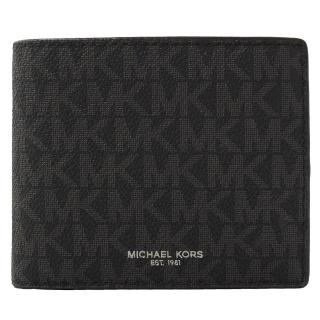 【Michael Kors】經典滿版MK印花拼接雙層4卡零錢短夾(黑灰)