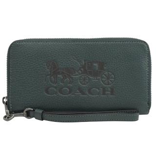 【COACH】品牌大馬車LOGO牛皮手提式拉鍊發財零錢長夾(深綠)