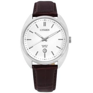 【CITIZEN 星辰】簡約時尚 日期 日本機芯 壓紋真皮手錶 白x銀框x褐 42mm(BI5090-09A)