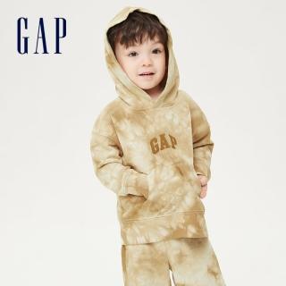 【GAP】男幼童 Logo紮染寬鬆連帽休閒上衣(845097-卡其紮染)