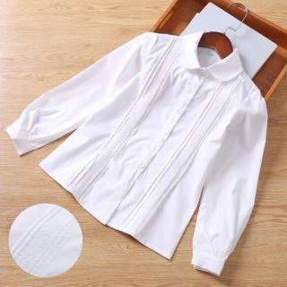 【橘魔法】蕾絲線條純白薄長袖襯衫(女童 大童 花童 表演服裝 攝影 長袖上衣 童裝 兒童)