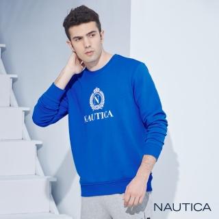 【NAUTICA】男裝簡約圖騰長袖大學T恤(寶藍)
