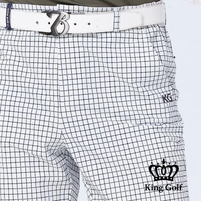 【KING GOLF】網路獨賣款-男款虛線格紋印圖修身彈性高爾夫球短褲(藍白)