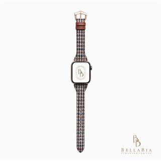 【BellaBia】Apple Watch 7/6/5/4/3/SE 38/40/41/42/44/45mm 千鳥紋珍藏系列真皮錶帶(棕/玫瑰金扣)