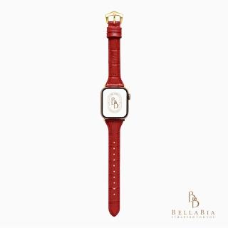 【BellaBia】Apple Watch 7/6/5/4/3/SE 38/40/41/42/44/45mm 鱷魚壓紋珍藏系列真皮錶帶(紅/金釦)