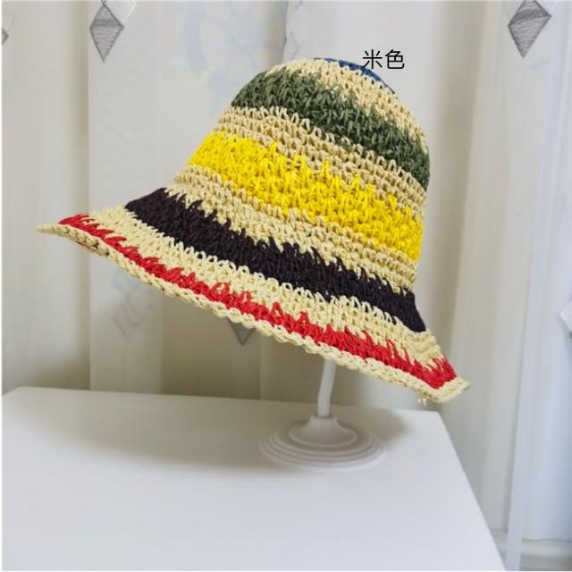 【MGSHOP】日系手工紙草編織草帽 遮陽帽 海灘帽(彩色條紋款/2色)