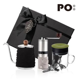 【PO:】手沖咖啡三件禮盒組(咖啡壺-黑/玻璃杯240ml-橄欖綠/咖啡磨2.0)