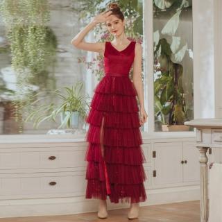 【OMUSES】V領蛋糕裙襬訂製紅色長禮服19-2017(S-3L)