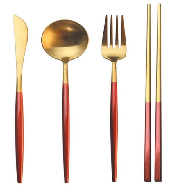【佳工坊】304不鏽鋼雙色餐具4件組(刀叉勺筷)