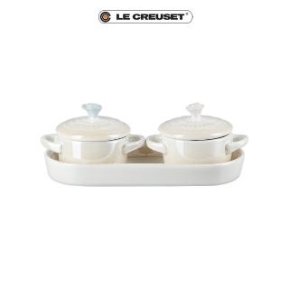 【Le Creuset】瓷器珠光薔薇迷你圓烤盅2入組-附托盤(珠光白)