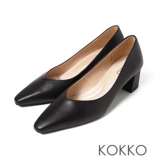 【KOKKO 集團】經典手工方頭舒壓柔軟綿羊皮超粗跟(黑色)