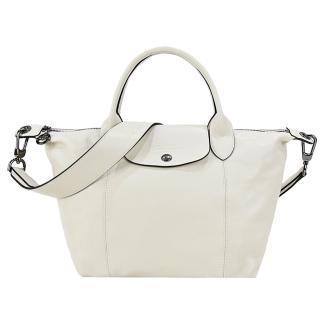 【LONGCHAMP】LE PLIAGE CUIR系列小羊皮寬背帶短把折疊水餃包(小/象牙)