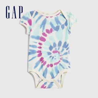 【GAP】嬰兒 布萊納系列 純棉印花短袖包屁衣(832722-藍色紮染)