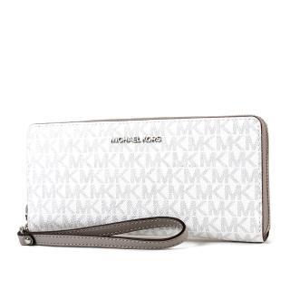 【Michael Kors】銀字緹花LOGO防刮皮革多卡層手掛式拉鍊長夾-白/灰