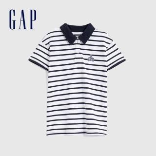 【GAP】女幼童 厚磅密織 水洗棉系列 Logo小熊翻領短袖洋裝(858612-藍白條紋)