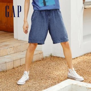 【GAP】男裝 輕透氣系列 棉麻輕薄潮流抽繩牛仔短褲(858432-藍色)