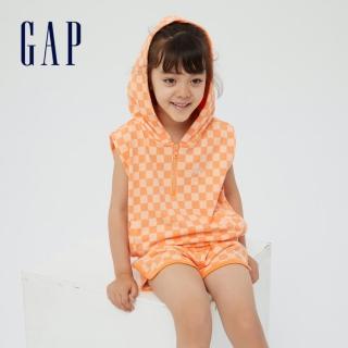 【GAP】女童 Logo寬鬆棋盤格無袖連帽休閒上衣(402622-橙色棋盤格)