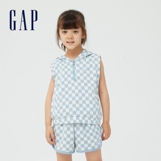 【GAP】女童 Logo寬鬆棋盤格無袖連帽休閒上衣(402622-藍色棋盤格)