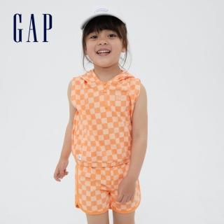 【GAP】女幼童 Logo寬鬆棋盤格無袖連帽休閒上衣(402617-橙色棋盤格)