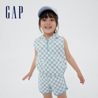 【GAP】女幼童 Logo寬鬆棋盤格無袖連帽休閒上衣(402617-藍色棋盤格)