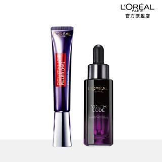 【LOREAL Paris 巴黎萊雅】超級青春澎彈發亮組(玻尿酸眼霜級撫紋精華霜30ml+青春密碼酵素肌底調理精華30ml)