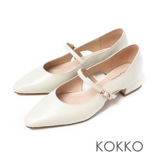 【KOKKO 集團】復古方頭真皮挖空繫帶瑪莉珍粗跟鞋(米色)