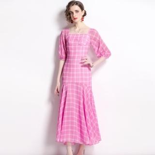 【M2M】玩美衣櫃甜美粉色格紋魚尾禮服洋裝S-2XL