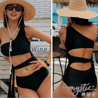 【mystic 神秘者】女泳裝 連身泳衣 單肩鏤空綁繩連身泳衣(黑色 M/L)