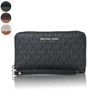 【Michael Kors】緹花LOGO防刮皮革拉鍊手掛式長夾/手機包(多色任選)