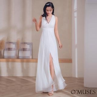 【OMUSES】V領削肩美背開岔白色長禮服29-6987(XS-M)