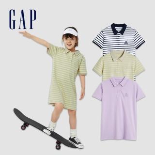 【GAP】女童 厚磅密織 水洗棉系列 Logo小熊短袖洋裝(858686-海軍藍條紋)