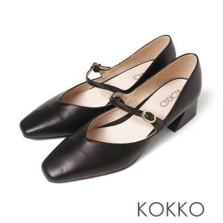 【KOKKO 集團】優雅赫本方頭柔軟手感綿羊皮瑪莉珍粗跟鞋(黑色)