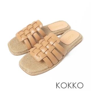 【KOKKO 集團】休閒風方頭編織真皮平底漁夫涼拖鞋(奶茶色)